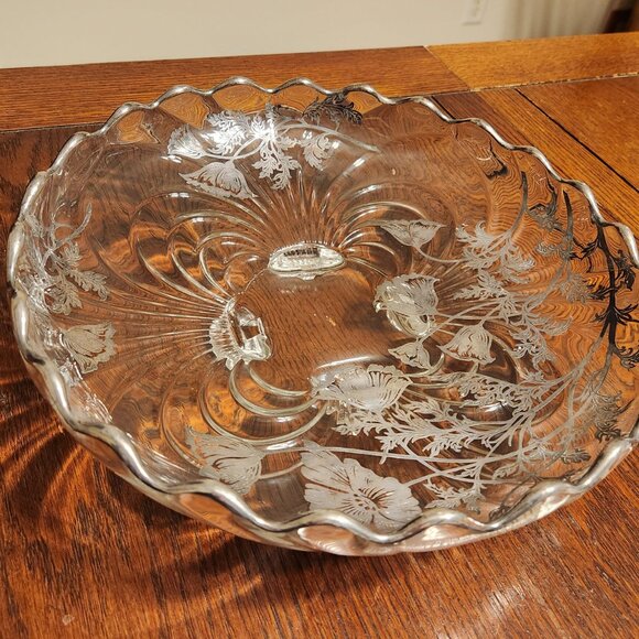 Silver City Glass Co 4 Footed Bowl w/ Sterling Silver Overlay, Flanders Pattern - Picture 5 of 8